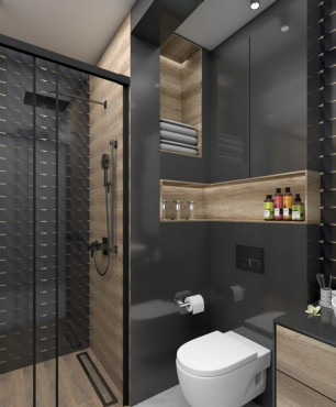Mała łazienka z prysznicem z szaro-drewnianymi płytkami