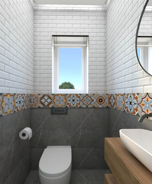 Aranżacja wąskiej łazienki z mozaiką z płytek na ścianie