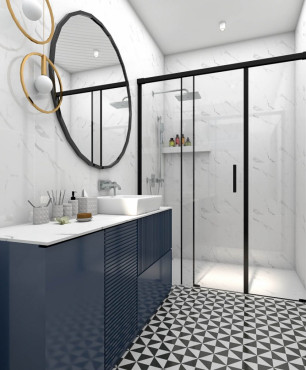 Projekt łazienki w stylu glamour z okrągłym lustrem