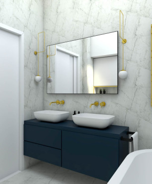 Łazienka w stylu glamour z prostokątnym lustrem