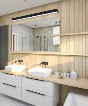 Aranżacja łazienki ze ścianą z drewna i drewnianymi półkami
