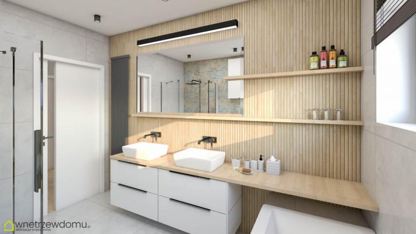 Aranżacja łazienki ze ścianą z drewna i drewnianymi półkami