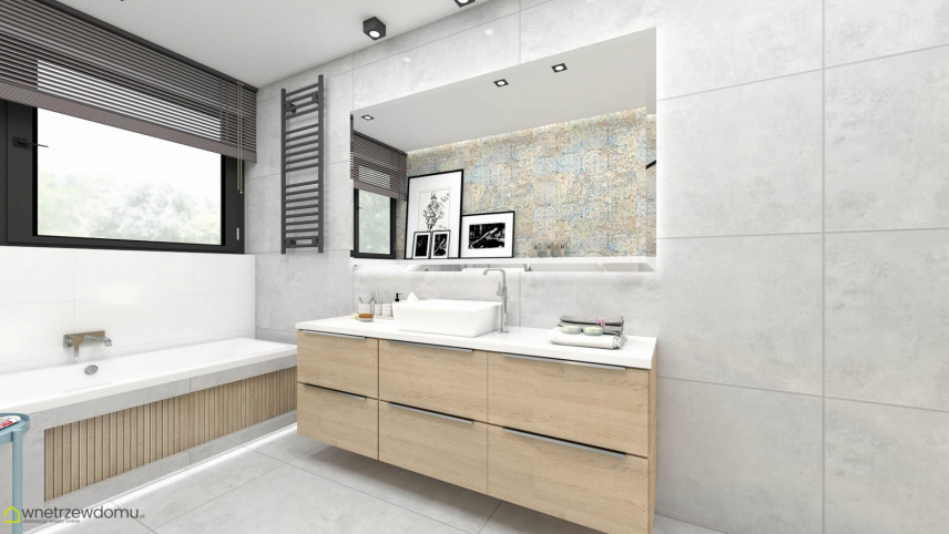 Aranżacja łazienki z wanną w zabudowie z imitacją drewnianych płytek