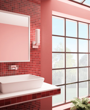 Designerska łazienka z czerwoną mozaiką