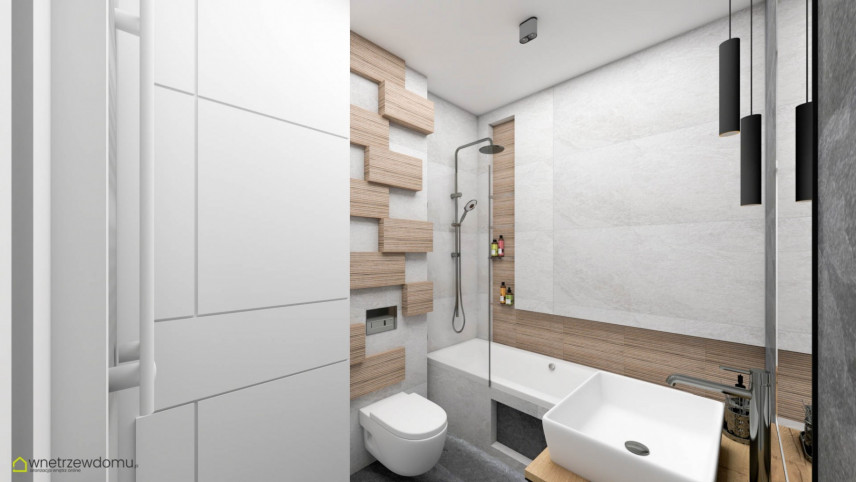 Łazienka z drewnianymi półkami na ścianie