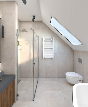 Projekt łazienki z oknem sufitowym, wanną i prysznicem