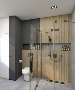 Przestrzenna łazienka z drewnianymi żaluzjami