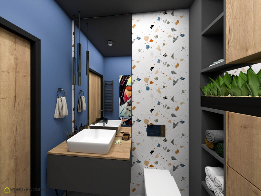 Projekt nowoczesnej łazienki z granatowymi ścianami