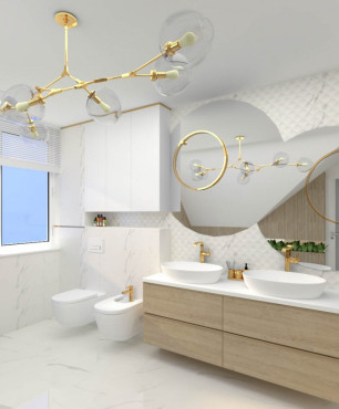 Aranżacja łazienki z dodatkami glamour, z muszlą wiszącą, bidetem i drewnianą szafką wiszącą