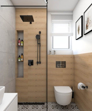 Aranżacja łazienki z prysznicem i z drewnianymi płytkami na ścianie
