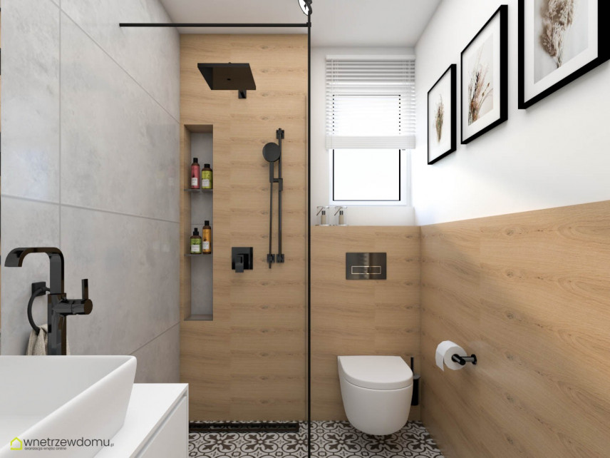 Aranżacja łazienki z prysznicem i z drewnianymi płytkami na ścianie