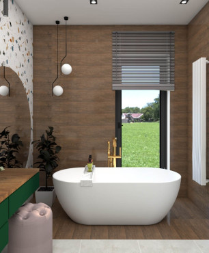 Aranżacja łazienki z imitacją drewna na płytkach