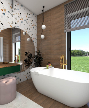 Aranżacja łazienki z dużym oknem w stylu glamour