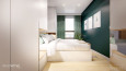 Sypialnia z zielonymi zasłonami