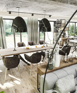 Stylowy salon z jadalnią i betonowym sufitem