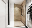 Nowoczesna łazienka z prysznicem i imitacją drewnianej ściany