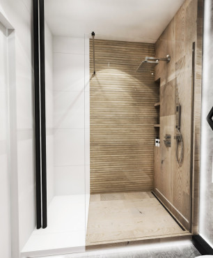 Nowoczesna łazienka z prysznicem i imitacją drewnianej ściany