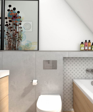 Łazienka z czarno-białą mozaiką ułożoną na ścianie