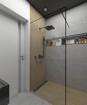 Łazienka z imitacją drewnianych płytek pod prysznicem