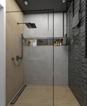 Projekt i realizacja łazienki z imitacją drewnianych płytek pod prysznicem