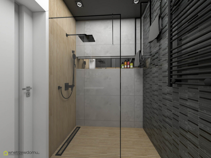 Projekt i realizacja łazienki z imitacją drewnianych płytek pod prysznicem