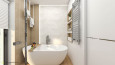 Mała łazienka z kremowymi i drewnianymi płytkami na ścianie