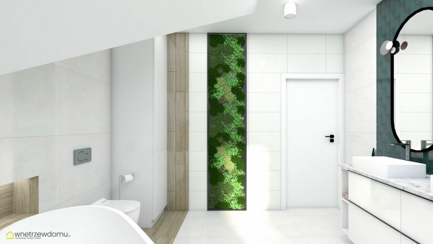 Aranżacja łazienki z białymi płytkami i motywem botanicznym