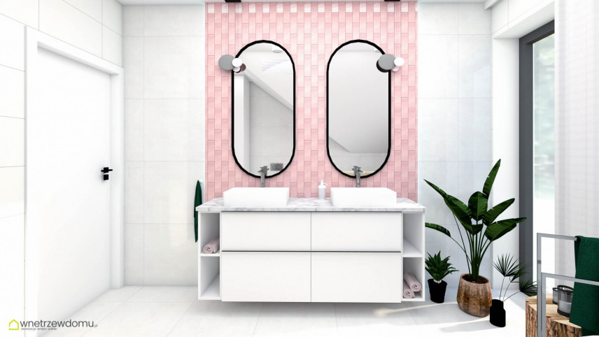 Łazienka z białą szafką wiszącą i różową płytką na ścianie