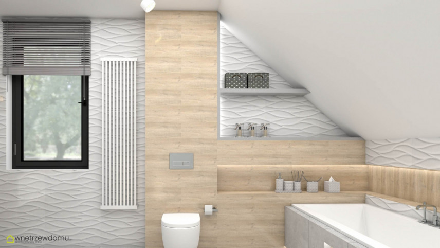 Aranżacja łazienni z białymi płytkami 3d na ścianie i z elementami drewna