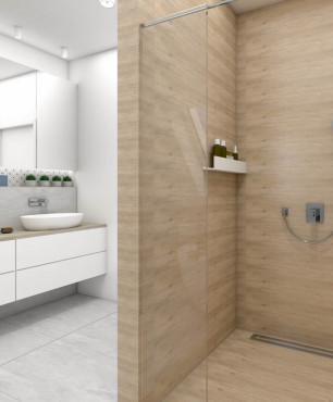 Łazienka z drewnianymi płytkami p[od prysznicem