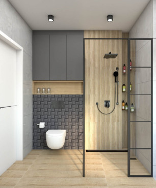 Łazienka z imitacją drewnianych płytek pod prysznicem i na podłodze