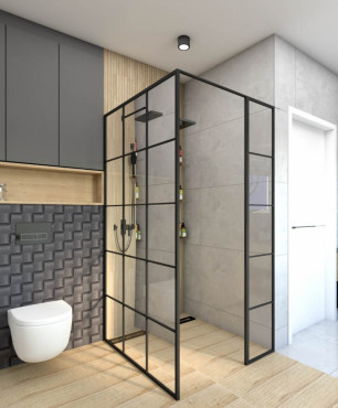 Prysznic typu walk-in w łazience z płytką 3d w kolorze szarym