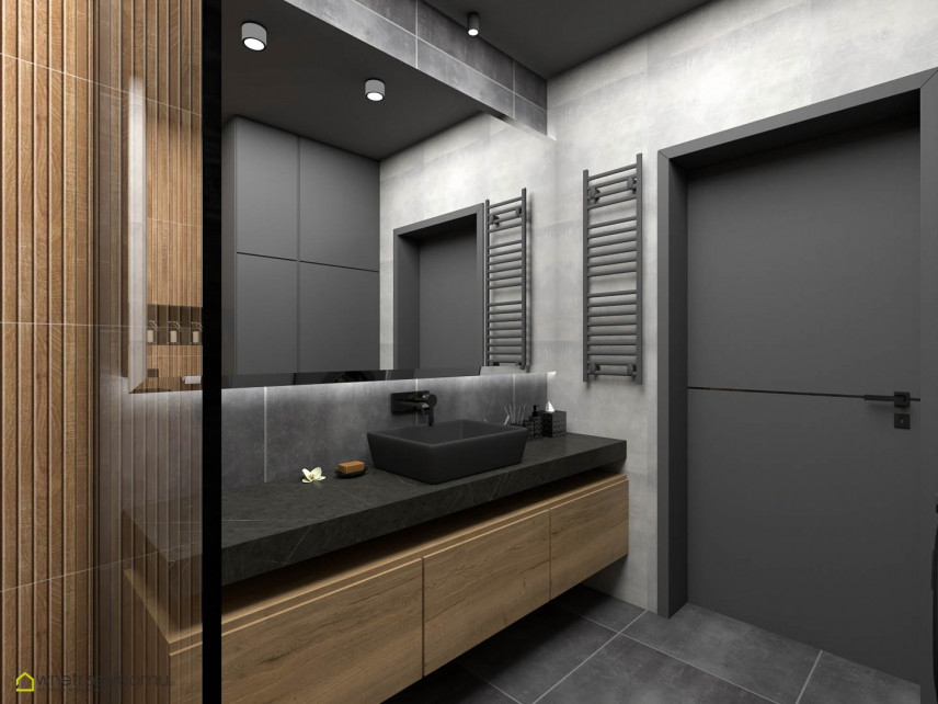 Aranżacja łazienki z czarno-drewnianymi płytkami