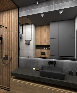 Łazienka z imitacją drzewnych płytek pod prysznicem w stylu loft