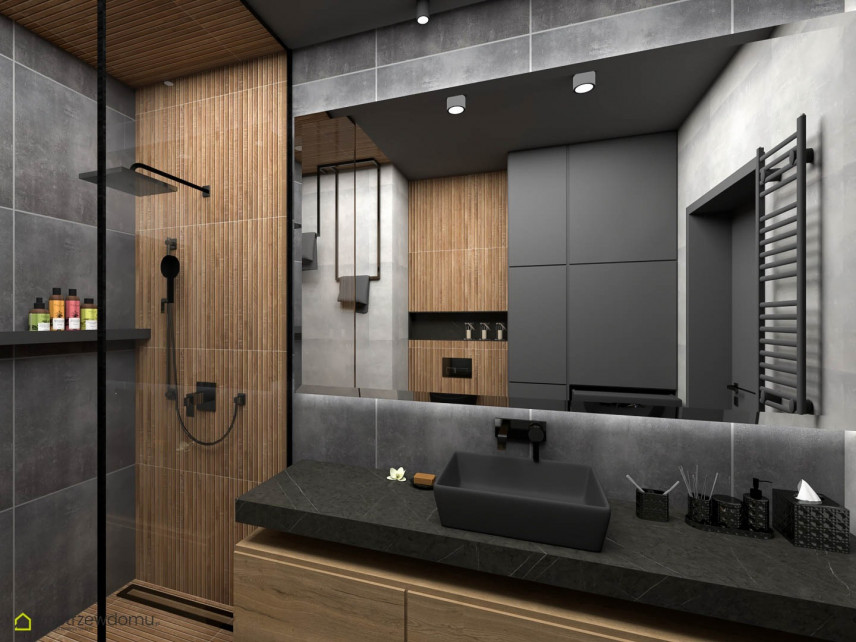 Łazienka z imitacją drzewnych płytek pod prysznicem w stylu loft