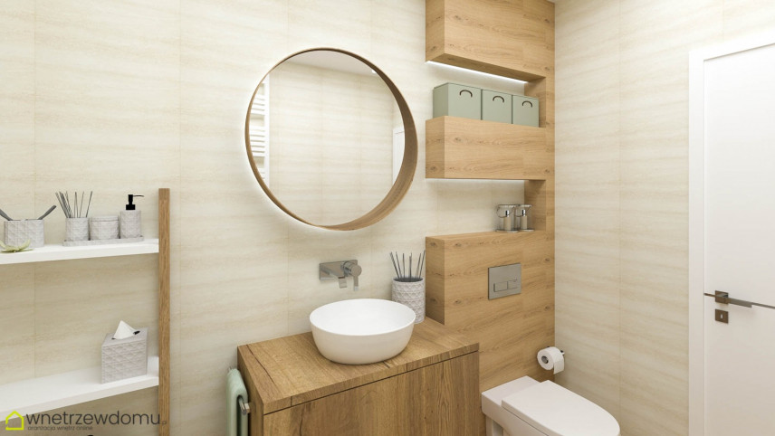 Beżowa łazienka z drewnianą szafką wiszącą