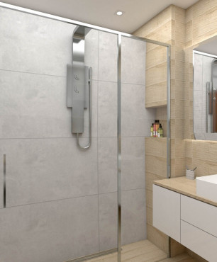 Łazienka w klasycznym stylu z prysznicem z przesuwanymi drzwiami