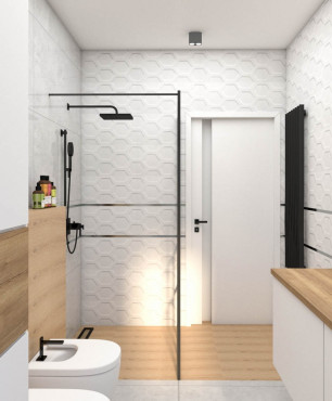 Łazienka z prysznicem walk-in oraz białymi płytkami 3d na ścianie