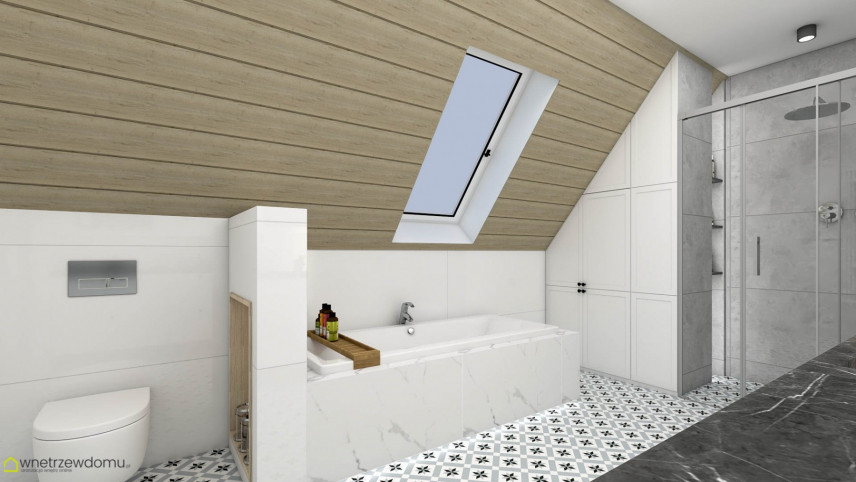 Duża łazienka z wanną w zabudowie z prysznicem oraz drewnianą boazerią na suficie