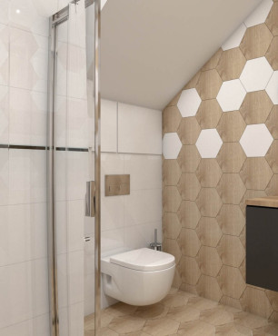 Łazienka z prysznicem i beżowym wzorem heksagonalnym
