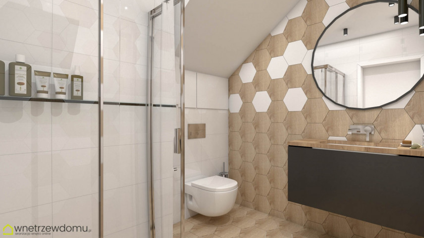 Łazienka z prysznicem i beżowym wzorem heksagonalnym