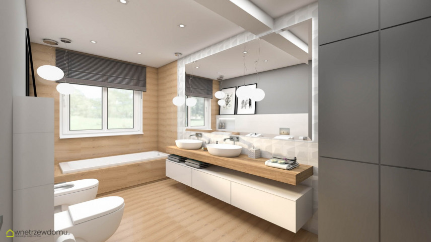 Łazienka z imitacją drewnianych płytek  na podłodze i na ścianie