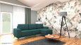 Salon w stylu kawaii z zieloną sofą