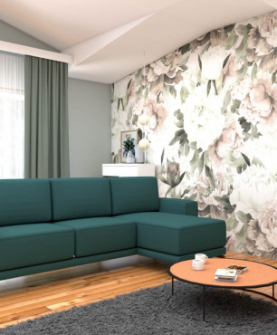 Salon w stylu kawaii z zieloną sofą