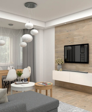 Salon z drewnianą ścianą, na której wisi telewizor