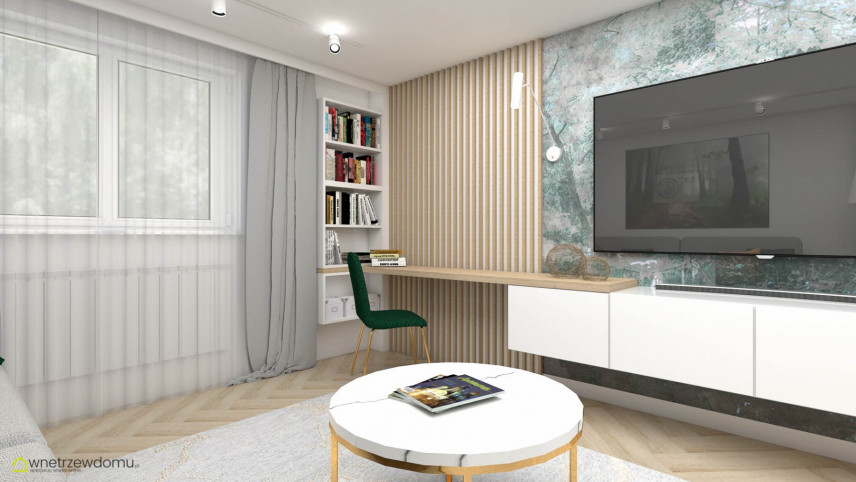 Salon z modną drewnianą ścianą oraz blatem zamontowanym do ściany