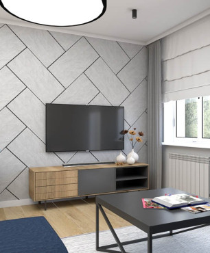 Salon ze ścianą z geometrycznym wzorem