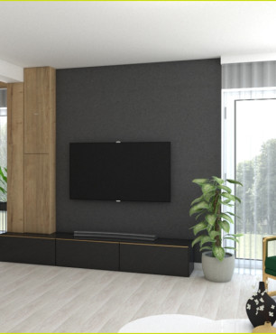 Salon z czarną, podłużną szafką stojącą z telewizorem na ścianie
