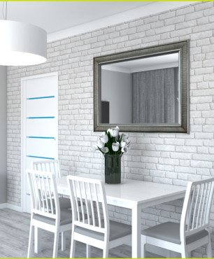 Salon z szarą ścianą i białą cegłą