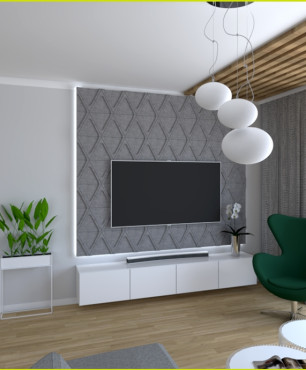 Salon z modną ścianą i  drewnianym elementem na suficie